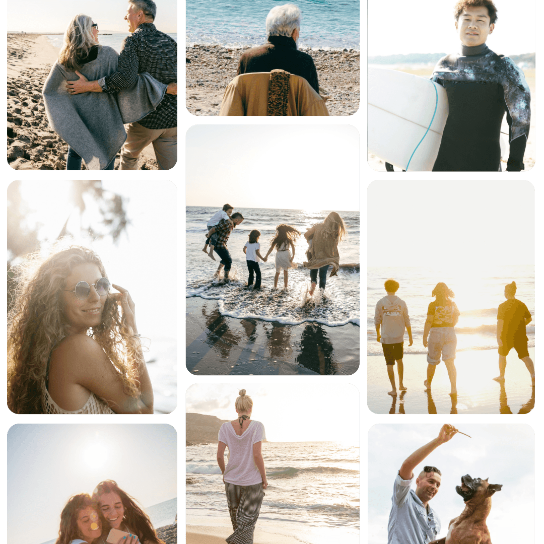 Collage of families and community members at the bech in faded sunlight Collage of community members in faded sunlight at the beach
